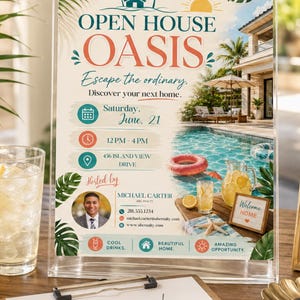 Könnte beinhalten: Ein vertikaler Acryl-Schilderständer mit einem Open House Oasis Flyer, verziert mit Palmenblättern und einer Pool-Szene, inklusive Veranstaltungsdetails für den 21. Juni, 12-16 Uhr, 456 Island View Drive, gehostet von Michael Carter mit Kontaktdaten.