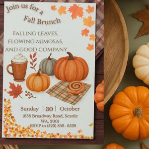 Może przedstawiać: Zaproszenie na jesienny brunch z dyniami, liśćmi i cynamonką. Tekst zaproszenia brzmi "Join us for a Fall Brunch" i zawiera datę, godzinę i miejsce: 1658 Broadway Road, Seattle, WA, 2001. RSVP pod numerem (523) 858-6528.
