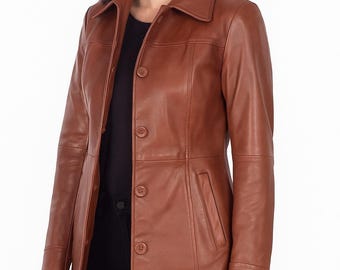 Women’s Long Brown Leather Coat – Genuine Leather Trench, Elegant Winter Jacket, All Sizes