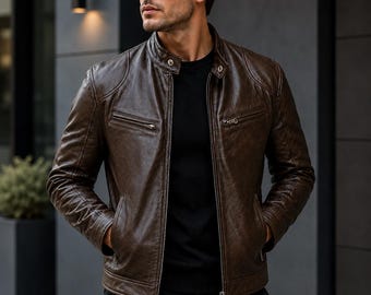 Men's Brown Cowhide Leather Cafe Racer Jacket, Distressed Biker Style, Gift for Him