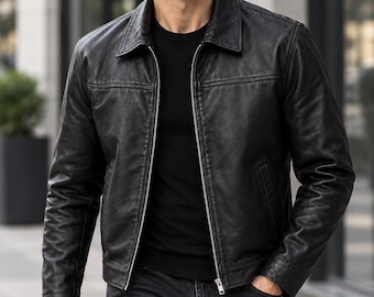 Giacca in pelle nera da uomo, vera pelle d'agnello, colletto camicia e zip, streetwear minimalista, fatta a mano