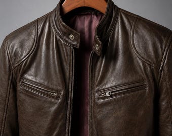 Men's Brown Cowhide Leather Cafe Racer Motorcycle Jacket, Distressed Slim Fit Biker Coat