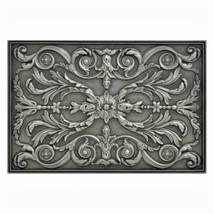 May include: A rectangular, silver-colored decorative panel with an ornate, raised floral and scrollwork design. The panel features symmetrical patterns of leaves, flowers, and swirling details, framed by a simple border. The overall aesthetic is classical and elegant.
