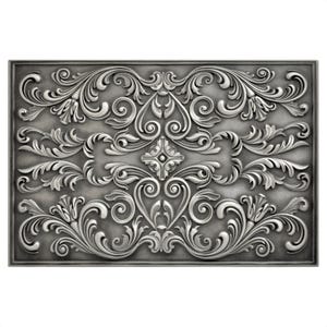 May include: A rectangular, silver-colored decorative panel with an ornate, raised floral design. The design features scrolling vines, leaves, and symmetrical patterns. The panel has a textured background and a detailed, three-dimensional appearance.