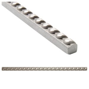 May include: A silver-colored metal bar with a series of heart-shaped indentations along one side. The bar is rectangular with a flat top and bottom. The second image shows a thin, textured metal rod.