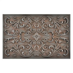May include: A rectangular, ornate wall panel with a detailed relief design. The panel features scrolling floral and foliate patterns in a silver-gray color, set against a muted, reddish-brown background. The frame is a darker gray.