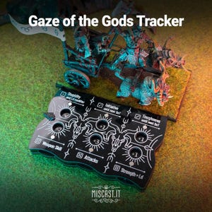 May include: A black acrylic Gaze of the Gods Tracker game accessory featuring white engraved icons and text for tracking Stupidity, Initiative, Toughness, Weapon Skill, Attacks, and Strength plus Ld, with circular cutouts and a small black marker.