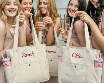 Personalized Embroidered Name Cotton Canvas Tote Bag With Side Pocket Front Pocket Custom Canvas Tote Bag For Bachelorette Party Gift