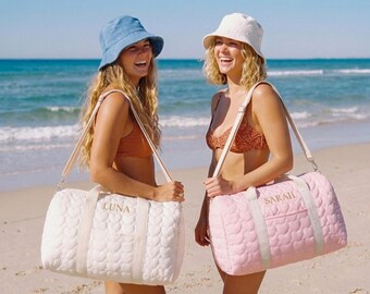 Custom Embroidered Quilted Tote Bag Heart Monogrammed Duffle Bag Pink Bridesmaid Gift Bridal Party Bag White Overnight Bag with Zipper