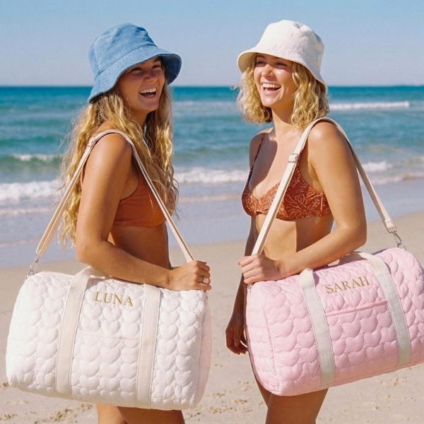Bolso de mano acolchado bordado a medida, bolso de lona con monograma de corazón, bolso rosa para damas de honor, bolso para la fiesta nupcial, bolso blanco para pasar la noche con cremallera