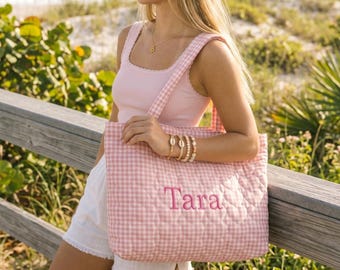 Personalized Embroidered Quilted Patchwork Tote Bag Large Lemon Yellow Gingham Bag Soft Durable Heart Tote Bag Bridesmaid Weekend Bag