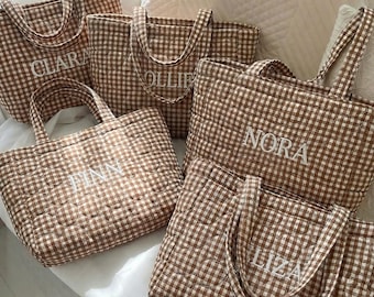 Personalized Embroidered Quilted Heart Tote Bag Large Coffee Gingham Bag Soft Durable Heart Tote Bag Bridesmaid Brown Weekend Bag