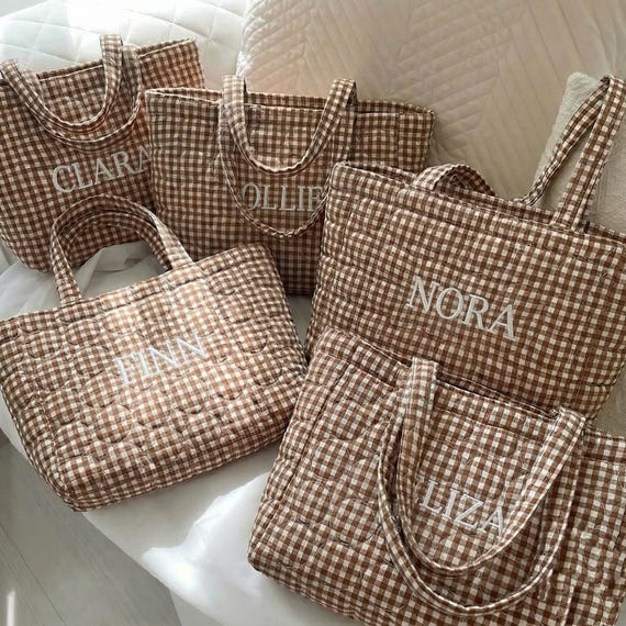 Personalized Embroidered Quilted Heart Tote Bag Large Coffee Gingham Bag Soft Durable Heart Tote Bag Bridesmaid Brown Weekend Bag