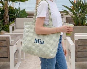 Personalized Embroidered Quilted Patchwork Tote Bag Large Lemon Yellow Gingham Bag Soft Durable Heart Tote Bag Bridesmaid Weekend Bag