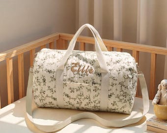 Op maat gemaakte geborduurde gewatteerde draagtas olijven monogram plunjezak bloemen bruidsmeisje cadeau bruidsfeesttasje weekendtas met rits
