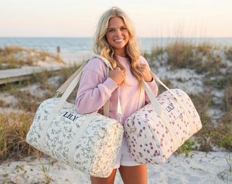Custom Embroidered Quilted Tote Bag Olives Monogrammed Duffle Bag Floral Bridesmaid Gift Bridal Party Bag Overnight Bag with Zipper