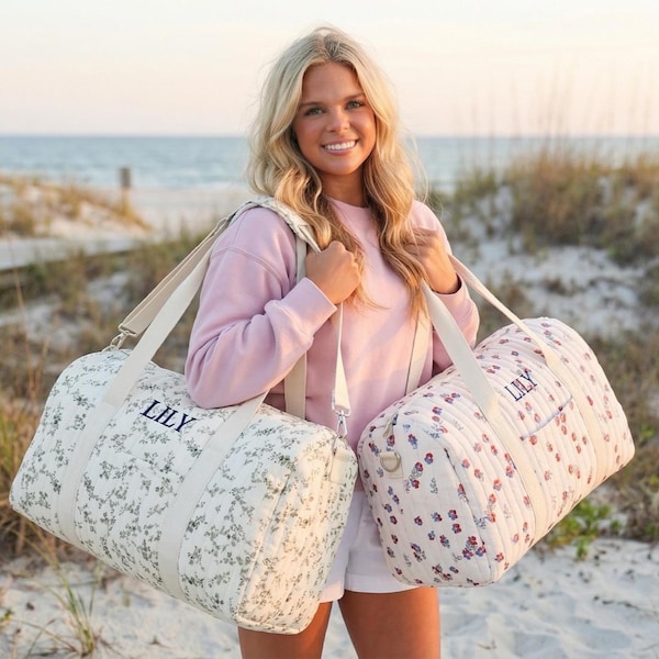 Bolso de mano acolchado bordado a medida con monograma Olives, bolso de lona floral, regalo para damas de honor, bolso para la fiesta nupcial, bolso de viaje con cremallera