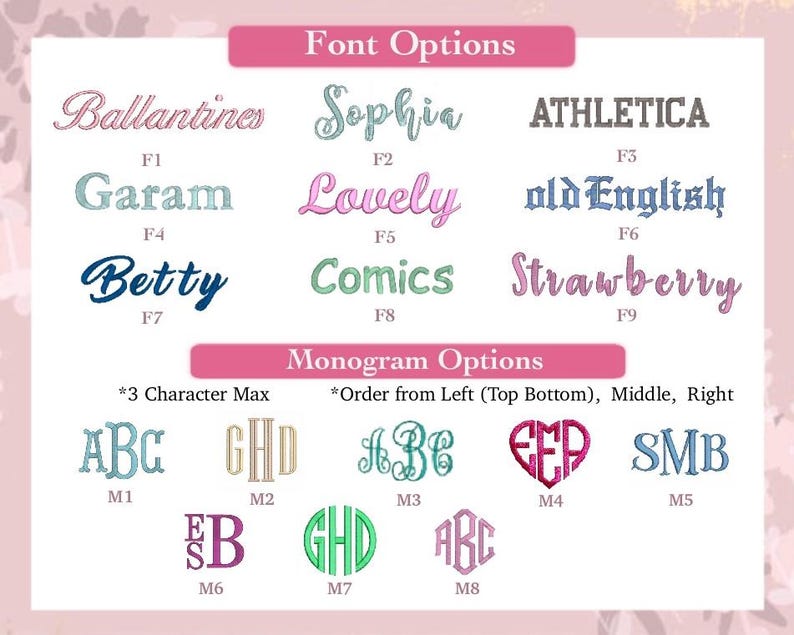 May include: Image showcasing font and monogram options for personalized items. The top section displays various font styles like "Ballantines" and "Sophia." The bottom section presents monogram options, including styles with up to three characters.