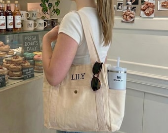 Personalized Embroidered Name Cotton Canvas Tote Bag With Side Pocket Front Pocket Custom Canvas Tote Bag For Bachelorette Party Gift