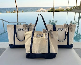 Personalized Embroidered Name Cotton Canvas Zipper Tote Bag With Front Pocket Custom Canvas Zipper Tote Bag For Bachelorette Party Gift