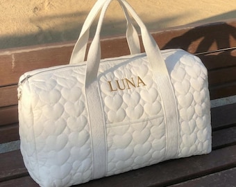 Custom Embroidered Quilted Tote Bag Olives Monogrammed Duffle Bag Pink Bridesmaid Gift Bridal Party Bag White Overnight Bag with Zipper