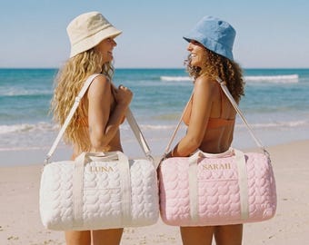 Custom Embroidered Quilted Tote Bag Olives Monogrammed Duffle Bag Pink Bridesmaid Gift Bridal Party Bag White Overnight Bag with Zipper