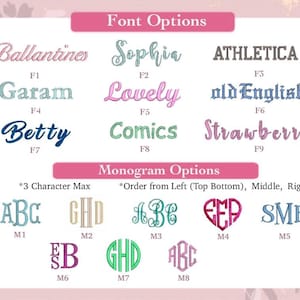 May include: Image showcasing font and monogram options for personalized items. The top section displays various font styles like "Ballantines" and "Sophia." The bottom section presents monogram options, including styles with up to three characters.