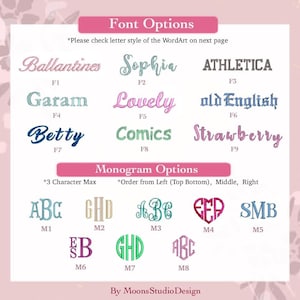 May include: A chart displaying font and monogram options for embroidery. Font options include Ballantines, Sophia, ATHLETICA, Garam, Lovely, old English, Betty, Comics, and Strawberry. Monogram options M1 through M8 show various letter styles.