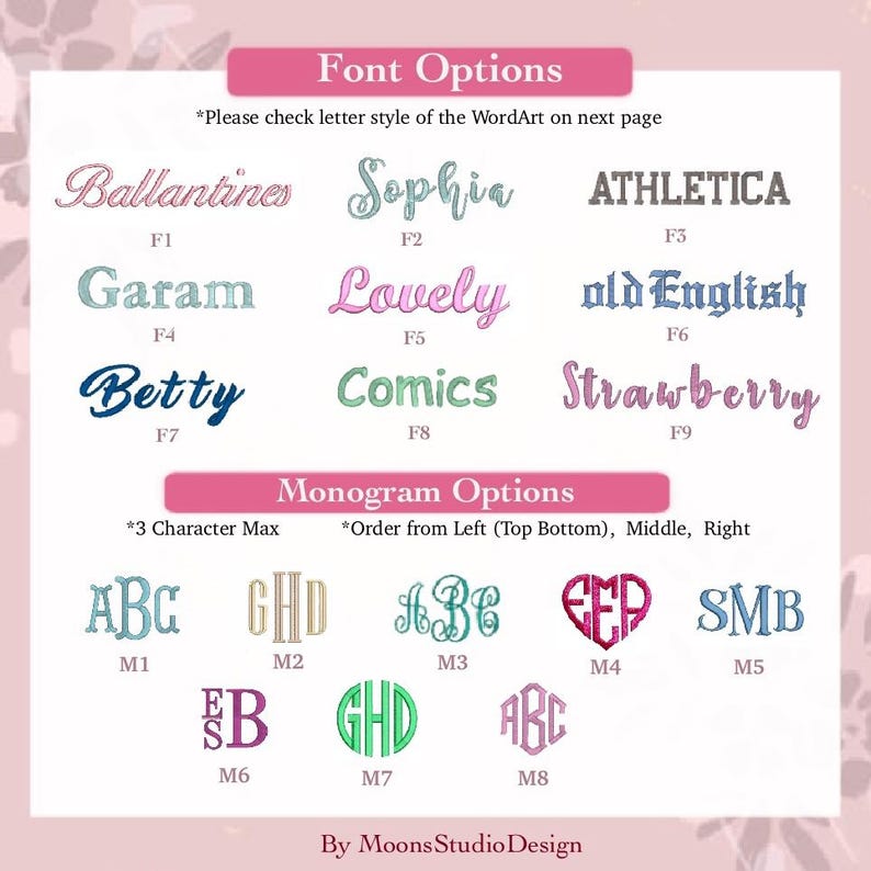 May include: A chart displaying font and monogram options for embroidery. Font options include Ballantines, Sophia, ATHLETICA, Garam, Lovely, old English, Betty, Comics, and Strawberry. Monogram options M1 through M8 show various letter styles.