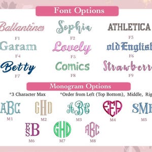 May include: Image displaying font and monogram choices for custom products. The top section features font styles such as "Ballantines" and "Sophia." The bottom section shows monogram options, including styles with a maximum of three characters.