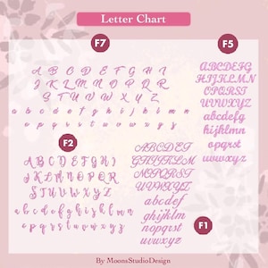 May include: A pink letter chart displaying four distinct cursive font styles labeled F7, F5, F2, and F1. Each section includes uppercase and lowercase alphabets. The text "Letter Chart" appears at the top, and "By MoonsStudioDesign" is at the bottom.