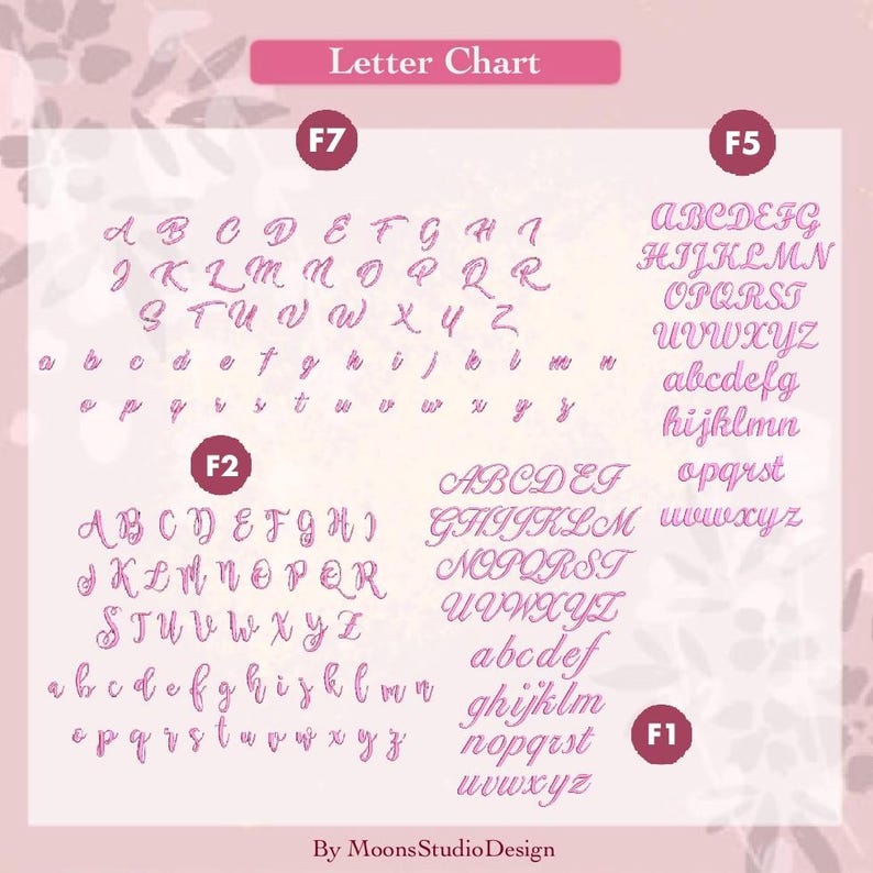 May include: A pink letter chart displaying four distinct cursive font styles labeled F7, F5, F2, and F1. Each section includes uppercase and lowercase alphabets. The text "Letter Chart" appears at the top, and "By MoonsStudioDesign" is at the bottom.