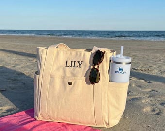 Personalized Embroidered Name Cotton Canvas Tote Bag With Side Pocket Front Pocket Custom Canvas Tote Bag For Bachelorette Party Gift