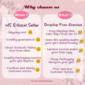 May include: A comparison chart titled Why choose us with two columns. The left column, Moon's, lists US Ethical Seller with five positive points and smiling emojis. The right column, Other's, lists Dropship From Overseas with five negative points and sad emojis.