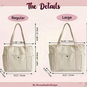 May include: Two canvas tote bags, labeled "Regular" and "Large", with dimensions in inches and centimeters. The bags are beige with side pockets and a button closure. The "Regular" bag is 11.02" wide, and the "Large" bag is 16.54" wide.