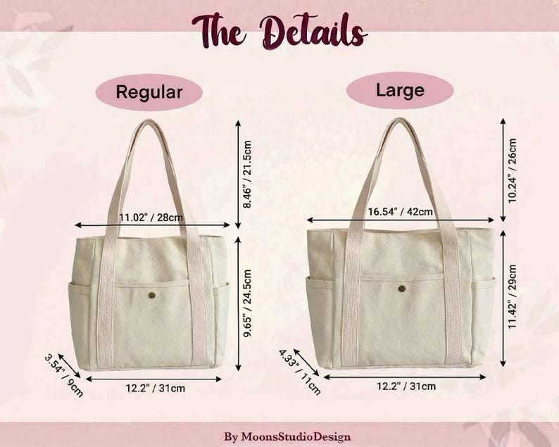 May include: Two canvas tote bags, labeled "Regular" and "Large", with dimensions in inches and centimeters. The bags are beige with side pockets and a button closure. The "Regular" bag is 11.02" wide, and the "Large" bag is 16.54" wide.