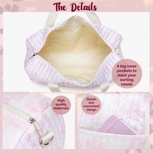 May include: A white and pink quilted tote bag with a floral pattern. The bag has a zipper closure, white handles, and multiple pockets. Text on the image reads "The Details", "High quality materials", "Stylish and convenient design", and "4 big inner pockets to meet your sorting needs."