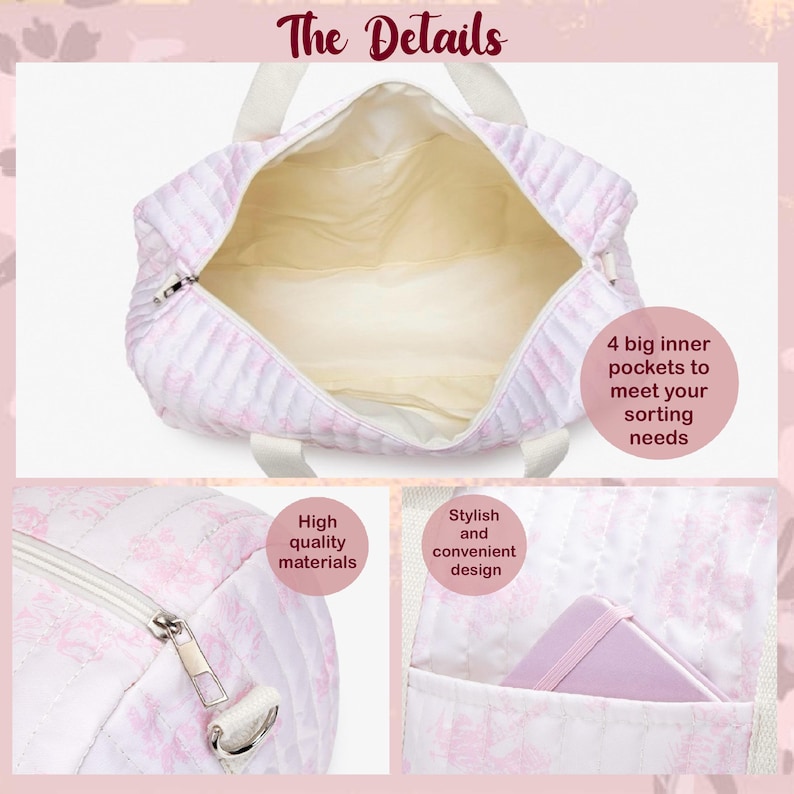 May include: A white and pink quilted tote bag with a floral pattern. The bag has a zipper closure, white handles, and multiple pockets. Text on the image reads "The Details", "High quality materials", "Stylish and convenient design", and "4 big inner pockets to meet your sorting needs."