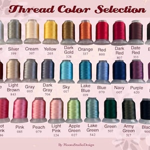 May include: A color chart displaying a selection of embroidery thread spools in various colors. The chart includes colors like white, silver, cream, yellow, dark gold, orange, red, dark red, date red, and brown. The text "Thread Color Selection" is at the top.