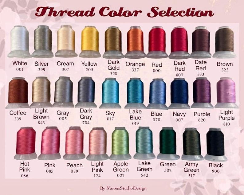 May include: A color chart displaying a selection of embroidery thread spools in various colors. The chart includes colors like white, silver, cream, yellow, dark gold, orange, red, dark red, date red, and brown. The text "Thread Color Selection" is at the top.