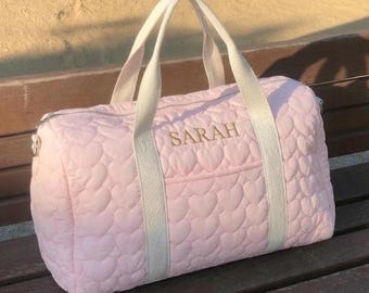 Custom Embroidered Quilted Tote Bag Olives Monogrammed Duffle Bag Pink Bridesmaid Gift Bridal Party Bag White Overnight Bag with Zipper
