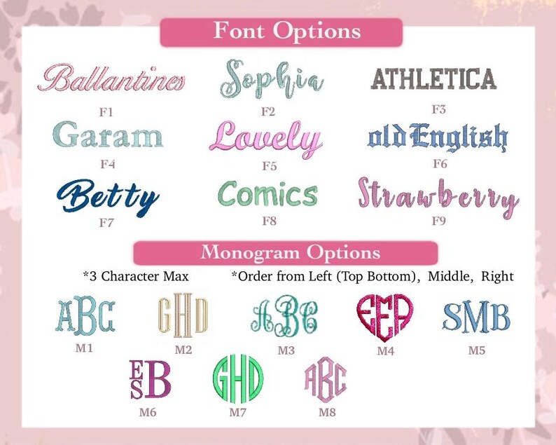 Op de afbeelding: Afbeelding met lettertype- en monogramopties voor gepersonaliseerde items. De tekst bevat verschillende lettertypestijlen zoals "Ballantines" en "Sophia", en monogramvoorbeelden met maximaal drie tekens. De achtergrond is zachtroze.