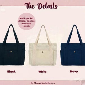May include: Three tote bags in black, white, and navy blue. Each bag has a multi-pocket design for easy access to essentials. The bags have sturdy handles and a button closure on the front pocket.