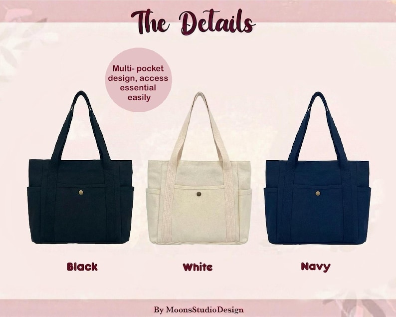 May include: Three tote bags in black, white, and navy blue. Each bag has a multi-pocket design for easy access to essentials. The bags have sturdy handles and a button closure on the front pocket.