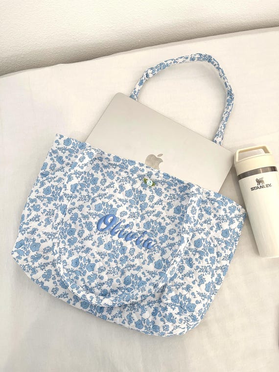 Personalized Embroidered Quilted Patchwork Tote Bag Large Blue Floral Bag Pretty Soft Durable Tote Bag Bridesmaid Bag for Her Weekend Bag
