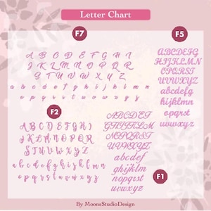 May include: A pink letter chart displaying four distinct cursive font styles labeled F7, F5, F2, and F1. Each section includes uppercase and lowercase alphabet letters in a script typeface. The bottom text reads By MoonsStudioDesign.