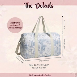 May include: A blue and white patterned duffel bag with cream-colored straps and a detachable shoulder strap. The bag is 17.7 inches long, 10.2 inches high, and 8.3 inches wide. The text "The Details" is at the top.