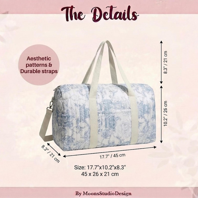 May include: A blue and white patterned duffel bag with cream-colored straps and a detachable shoulder strap. The bag is 17.7 inches long, 10.2 inches high, and 8.3 inches wide. The text "The Details" is at the top.