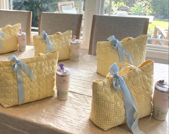 Personalized Embroidered Quilted Patchwork Tote Bag Large Lemon Yellow Gingham Bag Soft Durable Heart Tote Bag Bridesmaid Weekend Bag