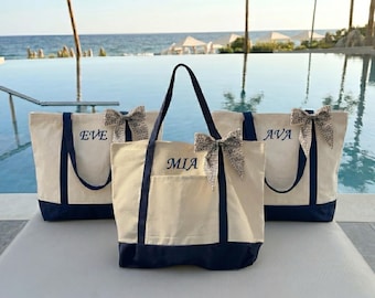 Personalized Embroidered Name Cotton Canvas Zipper Tote Bag With Front Pocket Custom Canvas Zipper Tote Bag For Bachelorette Party Gift